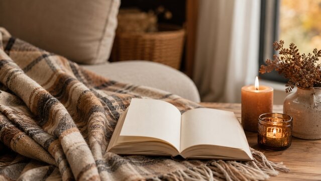 A Cozy Reading Nook with a Warm Blanket, Open Book, Flickering Candle, and a Touch of Autumn Ambiance for Ultimate Comfort