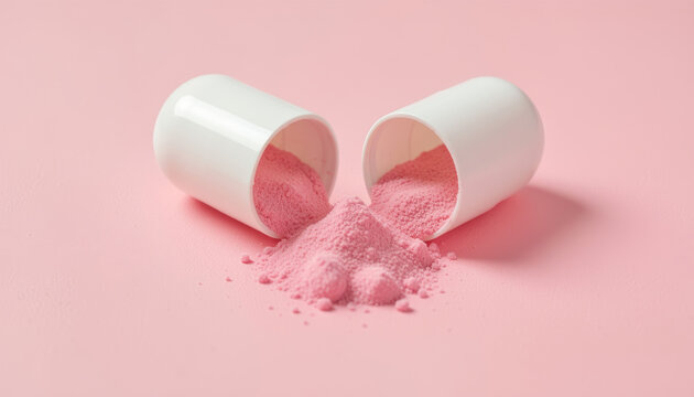 Close-up shot of an open white medical capsule spilling pink powder on a solid pink background under soft studio light