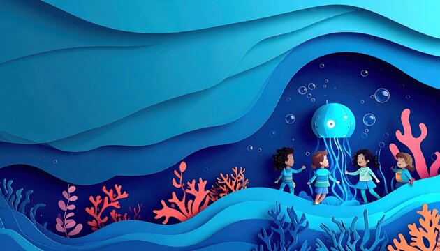 Underwater papercut illustration with children diving next to a jellyfish and coral reef featuring blue layered waves and copy space.