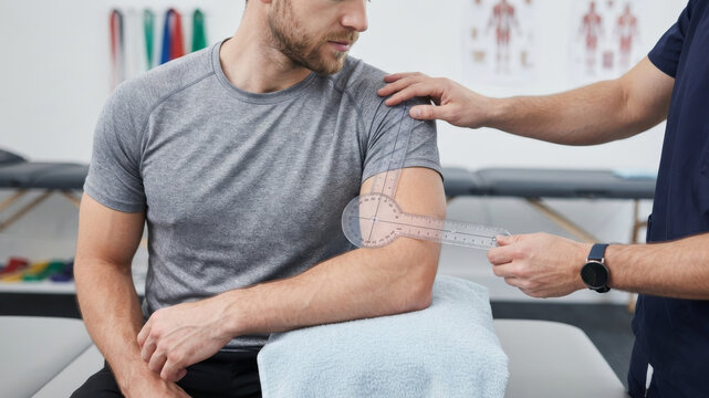 Medium shot of a physical therapist measuring the elbow joint range of motion of a man wearing a grey t-shirt using a plastic goniometer under bright studio light