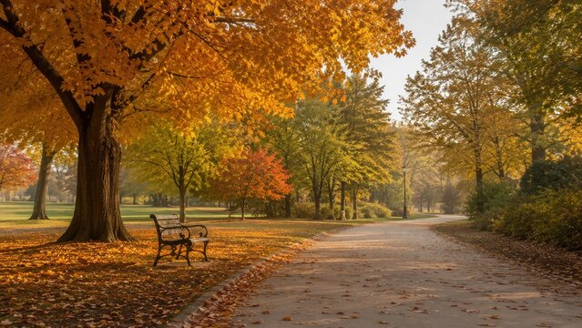 A Tranquil Autumn Pathway Surrounded by Vibrant Fall Foliage, Featuring Golden Leaves and a Serene Park Bench for Contemplation and Relaxation