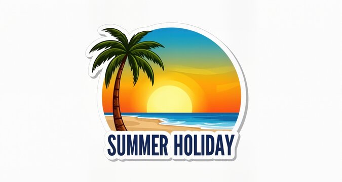 summer holiday logo template, sticker, banner, stamp, label. Beach, palm tree and sunset vector illustration
