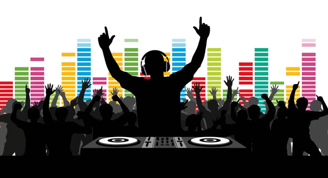Silhouette of a dj with crowd and equalizer bars a vibrant music scene silhouette discjockey