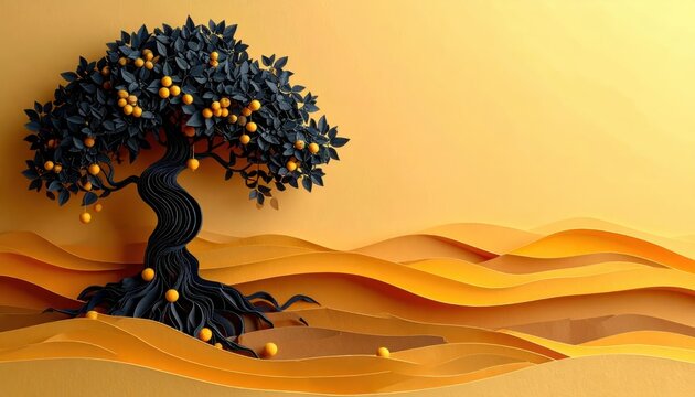 Artistic 3D Paper Cut Style Illustration of a Black Fruit Tree in a Wavy Yellow Landscape with Large Copy Space for Design