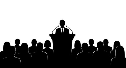 Obraz premium Speaker at podium with audience in black silhouette presentation lecture conference meeting event public address