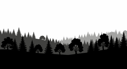 Dark forest landscape with layered trees in grayscale silhouette woods woodland scenic black white shadow © Itz