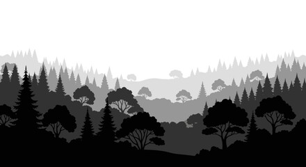 Forest landscape with layered trees in grayscale silhouette woods woodland scenery nature outdoors monochrome black © Itz