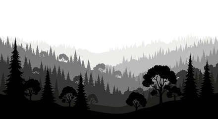 Forest landscape with layered trees in grayscale silhouette woods woodland scenery monochrome vector illustration graphic © Itz