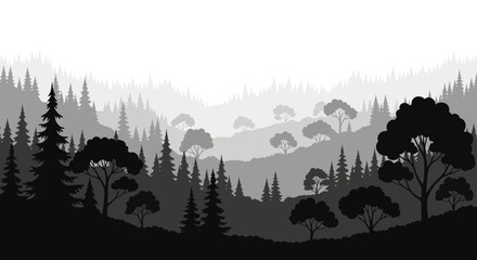 Forest landscape with layered trees in grayscale silhouette woods woodland scenic grey black white vector © Itz
