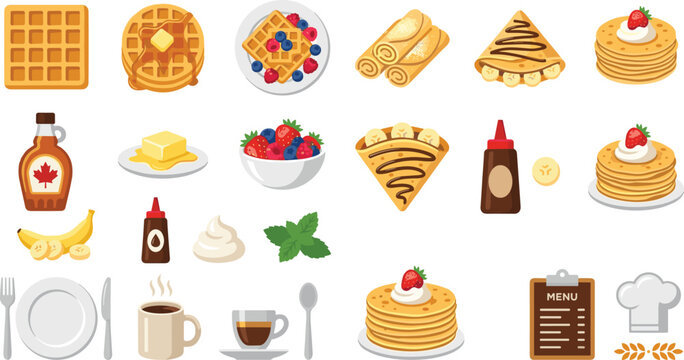 Breakfast Vector Icon Set with Waffles Pancakes Crepes Maple Syrup Berries and Coffee for Restaurant Menu Design Graphics