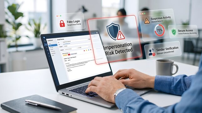 Cybersecurity alert impersonation risk detected on laptop screen