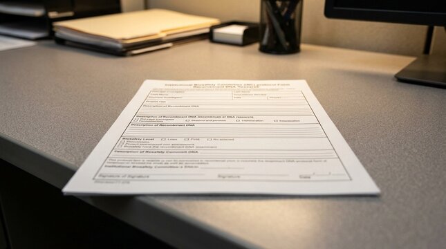 Institutional biosafety committee IBC protocol registration form for recombinant DNA research on a safety officer desk