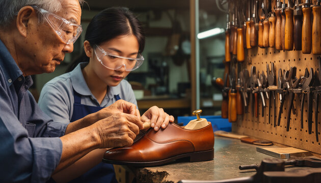 Senior male artisan and young female apprentice working together to repair a brown leather shoe on a wooden last in a traditional shoemaking workshop