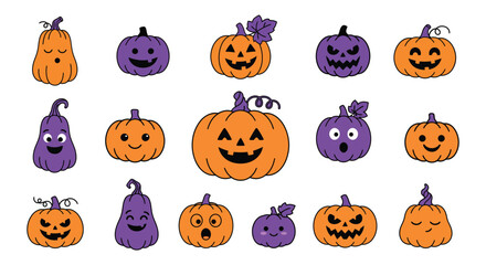 Obraz premium Cute Halloween pumpkin faces icon set, spooky jack o lantern vector elements