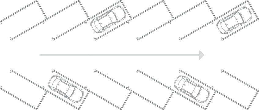 Technical CAD plan view of angled parking layout featuring parked cars on both sides and a central arrow indicating one-way traffic flow.