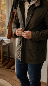 A Man Buttoning His Warm Olive Green Jacket in a Cozy Room Surrounded by Autumn Decor and Footwear