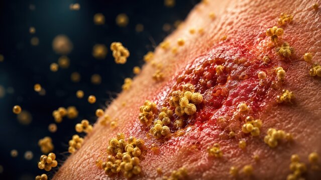 Close Up of MRSA Staphylococcus Aureus Bacteria Infecting Open Skin Wound Medical Concept