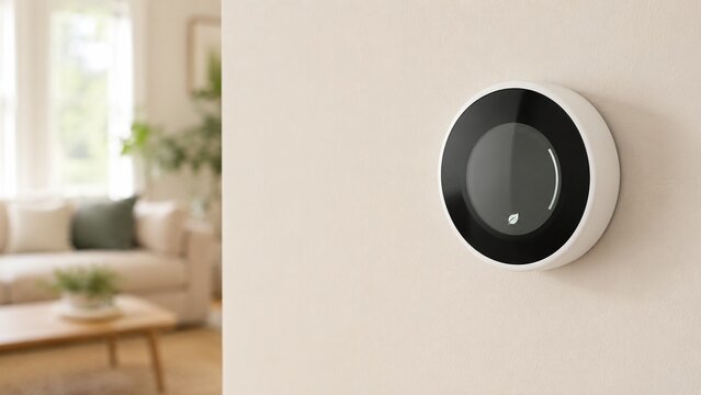 Modern Smart Thermostat Mounted on a Neutral Wall in a Cozy Living Room Environment with Soft Natural Lighting