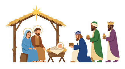 Obraz premium Nativity Scene Illustration with Mary Joseph Baby Jesus and Three Wise Men Bearing Gifts