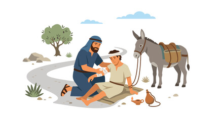 Obraz premium Samaritan helps injured traveler on road with donkey and supplies