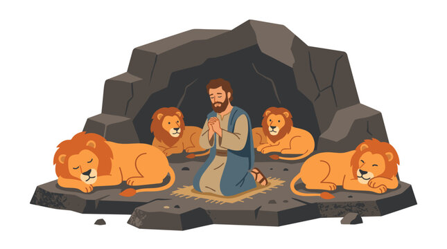 Daniel Praying in the Lions Den with Sleeping Lions Around Him