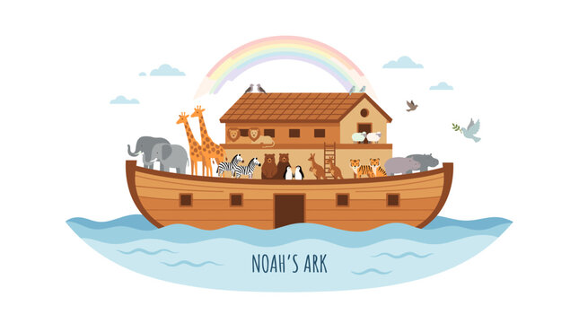 Noah's Ark illustration with diverse animals and a rainbow symbolizing hope and new beginnings