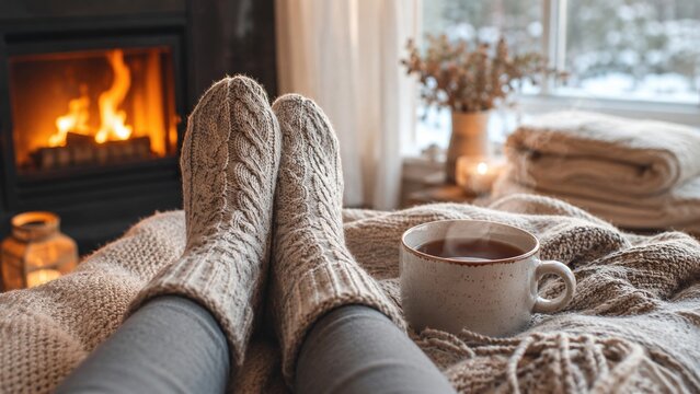 Cozy Winter Evening: Comfortable Socks and Warm Tea by the Fireplace, Inviting Atmosphere of Relaxation and Comfort in a Snowy Setting