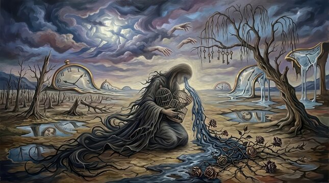 Woman weeping in desolate landscape.