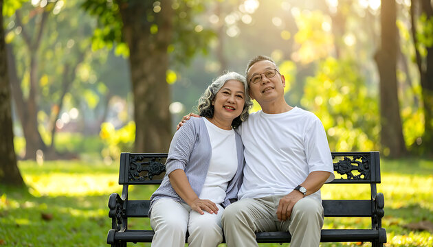 Elderly Asian couple smiling and embracing on a park bench, bathed in warm sunlight, representing love and companionship