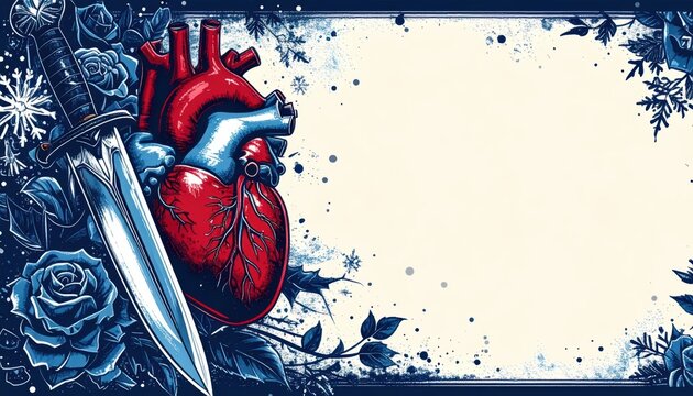 Gothic Illustration of an Anatomical Human Heart with a Dagger and Blue Roses, Featuring Large Copy Space for Text on a Vintage Frame Background