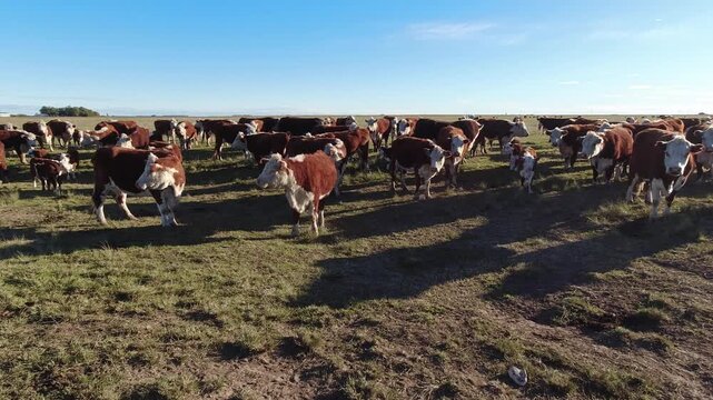 Polled hereford cattle herd grazing in argentinian pampas
