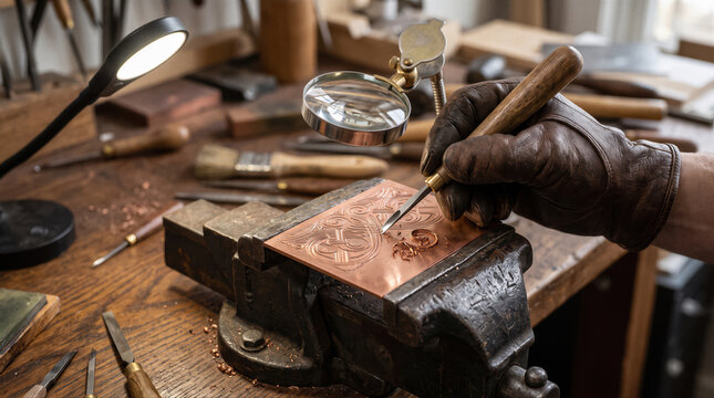Man hand is carving die for banknote using an engraving tool. Craftsman engraving detailed pattern on copper plate with burin tool. Financial fraud conceptual. Crime and fake money concept copy-space