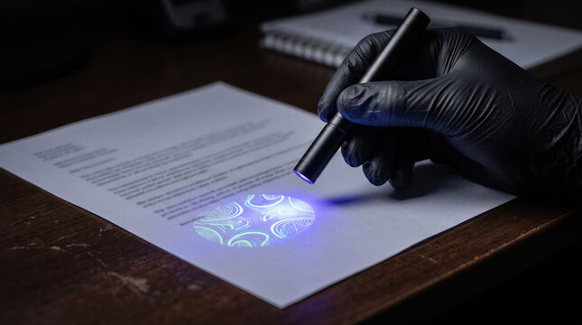 Verification of documents authenticity. Gloved hand holding ultraviolet flashlight to verify hidden fluorescent security pattern on close up view. Crime, fraud and fake concept with copy-space.