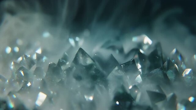Macro view of crystalline shards catching light, jagged edges gleaming as wispy smoke threads weave between facets. Cool soft frosty mood emerges, highlighting texture, transparency, and blue tones