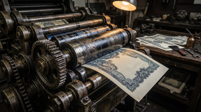 Industrial vintage printing press machine rollers manufacturing currency banknotes with classic ornate border. Financial fraud conceptual. Crime and fake money concept with copy-space.