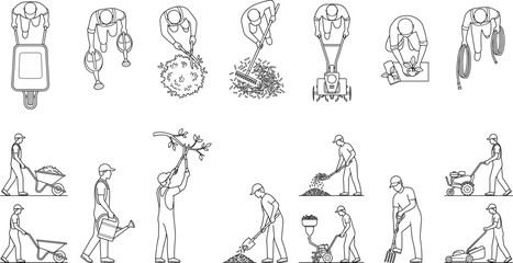 Set of professional gardeners in top view and elevation line art isolated on white background © IconicCreations