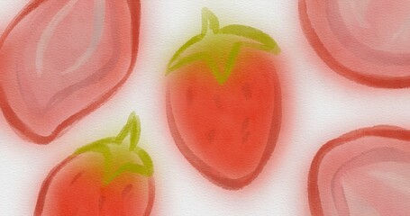 Cute watercolor strawberry berry pattern background. Hand drawn red strawberries and pink fruit slices on textured paper canvas © Wahyu
