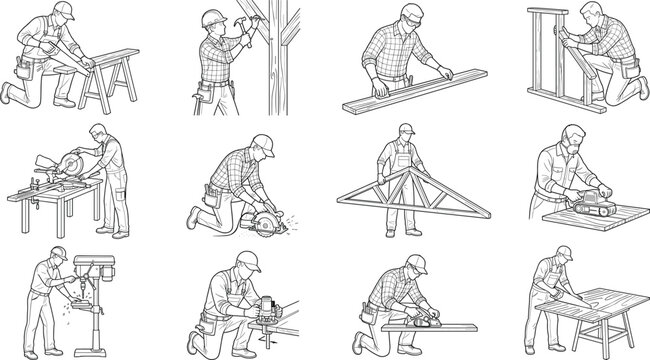 Set of professional carpenters and woodworkers line art icons isolated on white background