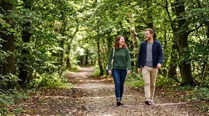 Obraz premium Couple enjoying a leisurely walk on a sun dappled forest path surrounded by lush green trees