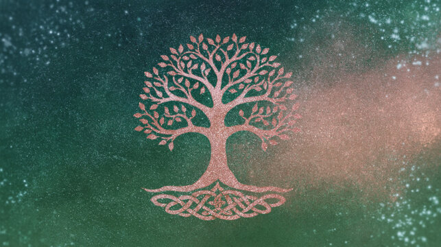 Celtic Tree of Life artwork with decorative knot roots and cosmic branches. Dreamy watercolor gradients in green and rose gold create a cosmic setting. AI generated.