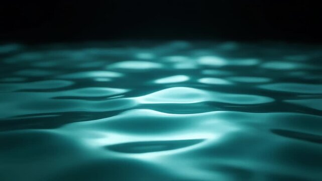 Teal-toned water surface with soft, glowing ripples and irregular light patches. The dark background contrasts with luminous cyan highlights, creating an abstract, tranquil aquatic texture. calm dusk