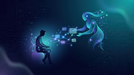 Obraz premium A human figure sits in a dark space while a digital figure reaches out, sharing data and ideas. This scene explores AI governance and literacy.