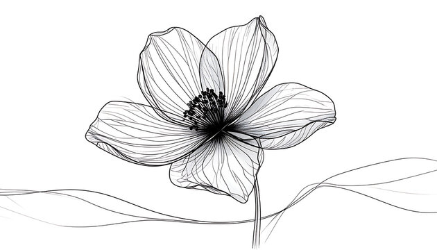 Hand-drawn flower illustration with delicate petals and linear decorative elements, monochrome sketch