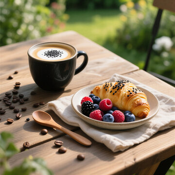 Fresh berries and croissant with black sesame latte on wooden table  
