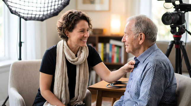 Woman interviews senior man for video recording