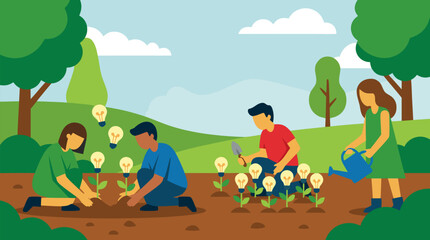 Fototapeta premium Creative conceptual vector illustration of diverse people planting young seedlings in soil that magically bloom into glowing floating lightbulbs symbolizing innovation growth ideas and sustainable