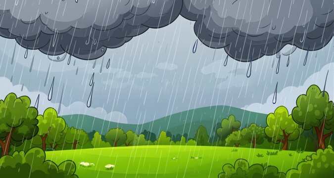 Cartoon Illustration of a Rainstorm in Nature
