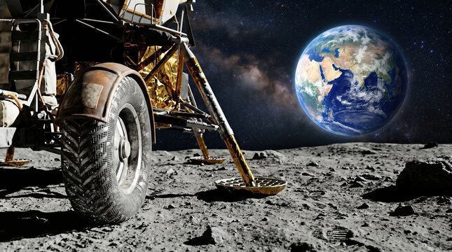 A lunar lander stands on the moon's surface while Earth is seen in the distance. The scene shows the rugged lunar terrain and stars in the background