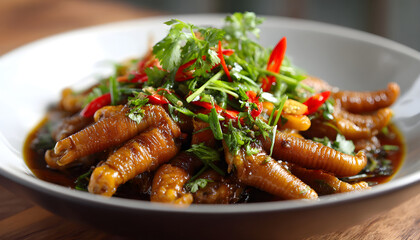 Fototapeta premium Braised Chicken Feet Dim Sum with Scallions and Chili