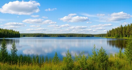 Fototapeta premium Lake Rutajarvi summer panorama (Finland). Ai generative 